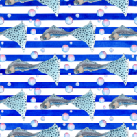 Watercolor illustration pattern of a small blue fish with a large beautiful spotted tail and bubbles on a blue striped background. Seamless repeat print of guppy aquarium fish. Isolated. drawn png