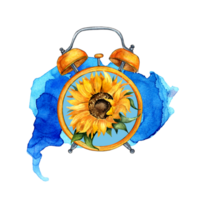 Watercolor illustration of a yellow alarm clock on a watercolor background. Blue dial with sunflower. Composition for the design of souvenirs, postcards, posters, banners, labels, logos. isolated png