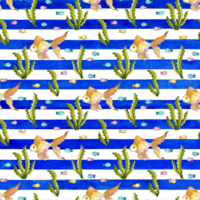 Watercolor illustration of a pattern of golden fish with algae and small fish on a blue striped background. Seamless repeating print of aquarium fish. Isolated, hand drawn. png