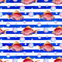 Watercolor illustration of a pattern of small red fish and bubbles on a blue striped background. Composition for the design of souvenirs, postcards, posters, banners, menus, labels, logos. isolated png