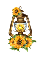 Watercolor illustration of retro lantern and sunflower flowers. Autumn vintage clipart. Composition for the design of souvenirs, postcards, posters, banners, menus, labels, logos. isolated png