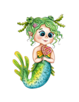 Aquarell Illustration von das Meerjungfrau. Karikatur Charakter mit groß Augen und Grün Haar. es ist perfekt zum Postkarten, Poster, Banner, Einladungen, Gruß Karten, Drucke. isoliert png
