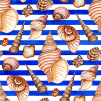 Watercolor illustration of a pattern of seamless seashells in beige tones on a blue striped background. Endlessly repeating marine background. Sea scallops, clams and spirals. Isolated Drawn by hand. png