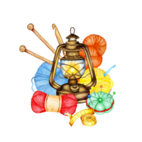 Watercolor illustration of a lantern with balls of yarn, knitting needles, crochet hooks, tape measure and pincushion. Love for knitting, creativity, needlework, logo, banner, design, clipart. png