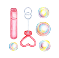 Watercolor illustration of a set of soap bubbles, a pink bottle and a stick with a heart-shaped cap. Summer toy symbol, bath time, carnival, bubble party. Isolated, hand drawn. png