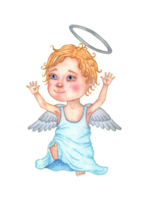 Watercolor illustration of a little cute angel in a big robe on an isolated background. Christmas, Valentine's Day. Design concept for poster, card, banner, clothing, wallpaper, wrapping paper png