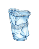 Watercolor drawing blue used plastic cup. Realistic crumpled empty transparent glass for water, juice, tea and drinks. Garbage recycling concept, discarded trash. Isolated png