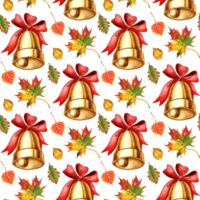 Watercolor pattern golden metal bell with a red bow and autumn leaves . Seamless school bell, vintage bell. Back to school, the event is the beginning of the school year. Drawn by hand. png