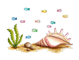 Watercolor illustration of a sandy seabed, seaweed shells and small colorful fish. Composition for posters, greeting cards, banners, flyers, covers, posters and other printing products. Isolated png