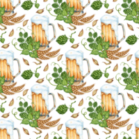 vattenfärg illustration mönster av öl med skum i en råna med grön humle, öron av vete och spannmål. skörda festival, oktoberfest öl festival. kompositioner för affischer, kort, banderoller, flygblad, png