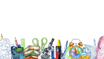 Aquarell Illustration Rahmen Rand mit Studenten, Schule Lieferungen, Ausrüstung, Schreibwaren. zurück zu Schule. Bildung Konzept isoliert. Hand gezeichnet. png
