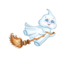 Watercolor illustration of a small cute ghost flying on a witch's broom. Halloween spirit isolated. Concept design for poster, card, banner, clothing, wallpaper, wrapping paper, png