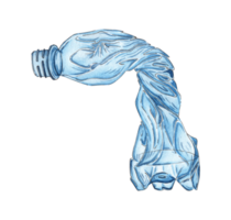 Watercolor drawing of a blue crumpled plastic bottle. Realistic crumpled empty packaging. Garbage recycling concept, discarded garbage. Symbol of pollution and waste. Let's save the world png