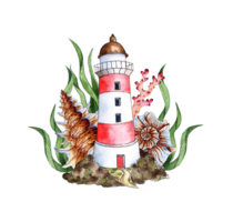 Watercolor illustration of a sea lighthouse with seashells, algae and corals. Composition for posters, greeting cards, banners, flyers, covers, posters and other printing products. Isolated png