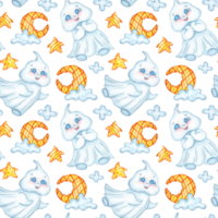 Watercolor illustration pattern of little cute ghosts, moon, stars and clouds. Halloween spirit isolated. Design concept for poster, card, banner, clothing, wallpaper, packaging png