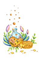 acuarela ilustración de un tarro de flor miel con panales y flores clipart para carteles, postales, pancartas, volantes, cubiertas, carteles y otro impresión productos aislado png