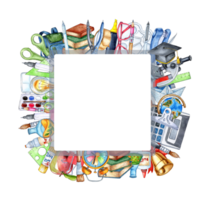 Square frame watercolor illustration with students, school supplies, equipment, stationery. Back to school. Education concept isolated. hand drawn. png