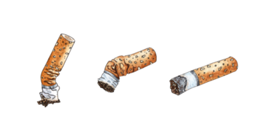 Watercolor set of cigarette butts. Bad bad habit of smoking. A set of trash, dirt and debris. Garbage recycling concept, discarded garbage. Symbol of pollution and waste. Isolated png