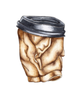 acquerello spazzatura - un' carta tazza per caffè o tè con un' coperchio. spiegazzato monouso tazza fatto a partire dal riciclabile sciupare. scartato spazzatura. simbolo di inquinamento e sciupare. isolato png