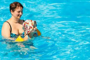 Mother and the daughter at pool, summer holidays photo