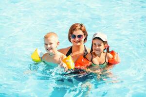 mother and children in the pool photo