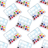 Watercolor pattern box of school paints and brushes for drawing. Back to school Goods for creativity. The working tool of the artist, designer, illustrator. creativity, art, hobby, occupation. png