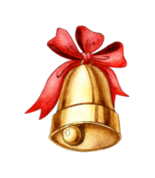 Watercolor gold metal bell with a red bow . Symbol of Christmas and New Year, school bell, vintage bell. Drawn by hand. png