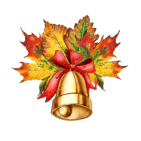 Watercolor gold metal bell with a red bow and autumn leaves . School bell, vintage bell. Back to school, the event is the beginning of the school year. Drawn by hand. png