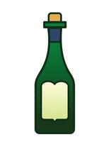 Green colored wine bottle with empty label vector icon outline isolated on white vertical background. Simple flat minimalist cartoon art styled drawing.