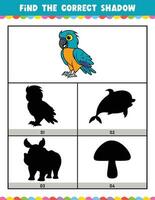 Find the correct shadow educational shadow match game worksheet for kids cartoon vector illustration