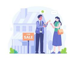 Concept illustration of property selling. Real estate agent or broker shaking hands with people buying or renting house vector