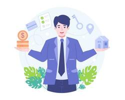 Qualified and reliable real estate agent guarantees property buying. Realtor helps in house searching and mortgage contracts. Vector illustration