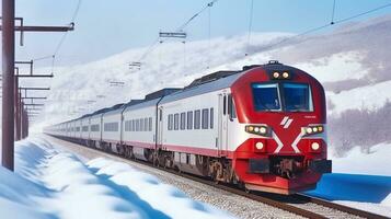 Red diesel train in motion at the snow covered railway platform. Generative AI photo