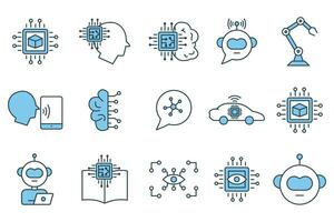 artificial intelligence icon set. robot head, brain ai, robot arm, computer vision, big data, ai assistant, deep learning, etc. flat line icon style design. simple vector design editable