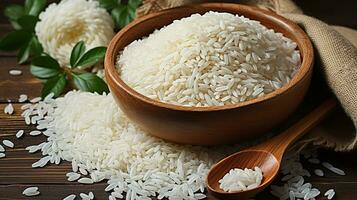 Turkish raw white rice grains with burlap sack in wooden spoon on wooden background, Generative AI photo