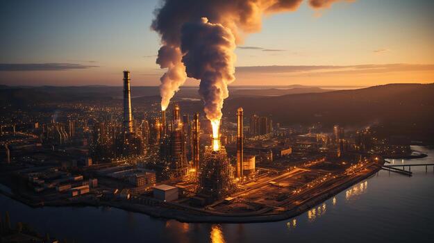 Aerial view to gas flare stack of petroleum refineries sunset background, flare pit tower for gas combustion natural gas processing, Generative AI photo