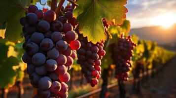 besado por el Sol uvas en el vino en el noche brillo. generativo ai foto