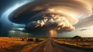 tormenta y tornado advertencia en medio de tormenta de lluvia caos. generativo ai foto