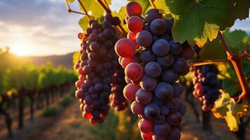 crepúsculo uvas en el vides bañado en luz de sol. generativo ai foto