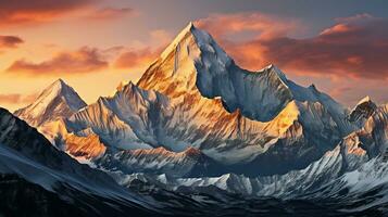 A beautiful panorama of the mountains at sunset of the day, Mountain peak of the tibetan snow-capped mountains, Generative AI photo