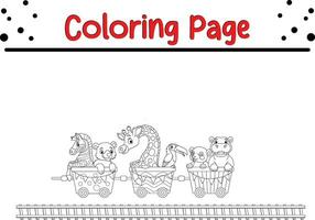 animals riding train coloring page for kids vector