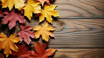 Autumn Leaves over wooden background.With copy space. Generative AI photo