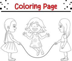 three girls playing jumping rope coloring page vector