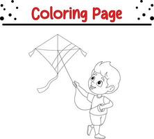 happy little boy playing kite coloring page vector