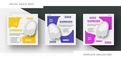 Set of editable square banner templates, Earbuds headphone social media post template promotion banner frame design Pro Vector