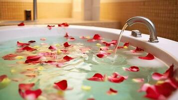 Bath of a jacuzzi with petals of roses, Generative AI photo