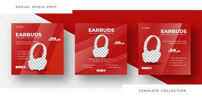 Set of editable square banner templates, Earbuds headphone social media post template. Pro Vector