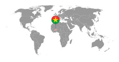 Pin map with Burkina Faso flag on world map. Vector illustration.