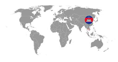 pin mapa con bandera de camboya en el mapa mundial. ilustración vectorial vector