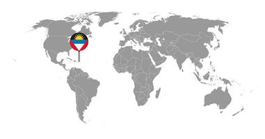 Pin map with Antigua and Barbuda flag on world map. Vector illustration.